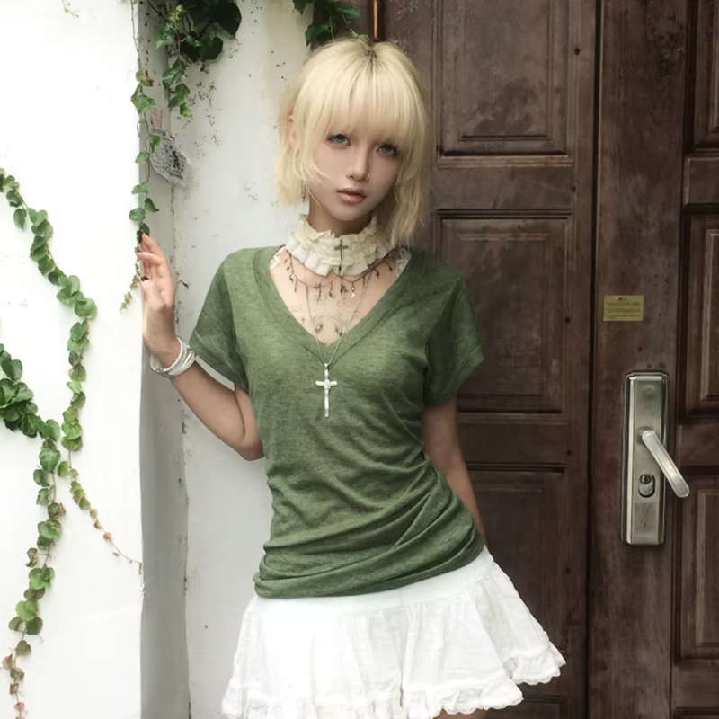 Karrram japonais Y2k vert tricoté T-shirt Trashy 2000s Style col en v haut Vintage Harajuku manches