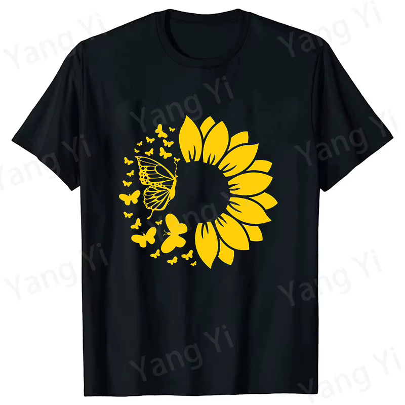 T-shirt à manches courtes pour hommes et femmes, design combinant des tournesols et des papillons, à