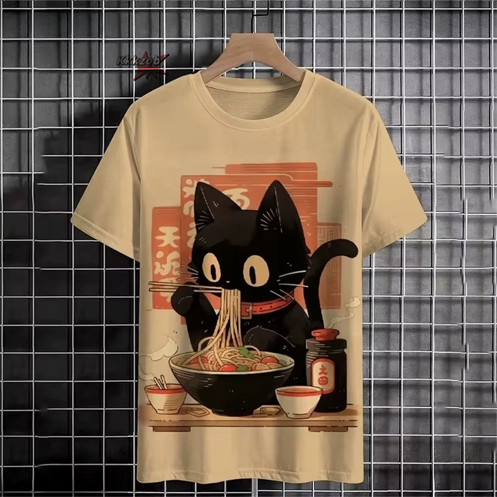 Japonais Ukiyo-E motif de chat mignon col rond hommes à manches courtes quotidien surdimensionné T-S