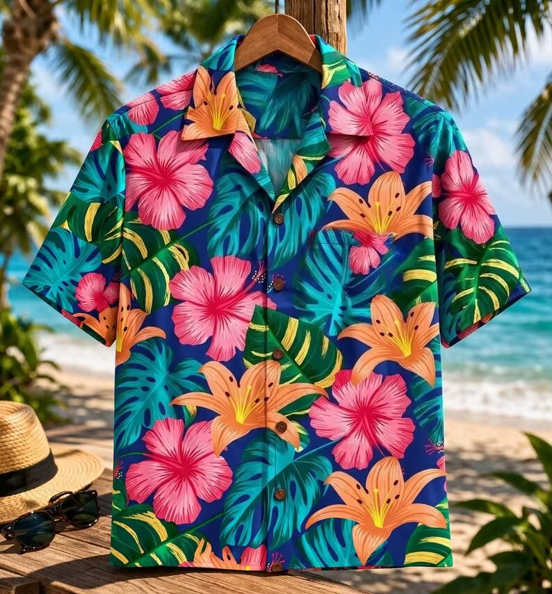 Chemise Hawaïenne Été 2026 Motif Vague Tropicale Vacances à la Plage Fleur T-shirt Parent-Enfant Hau