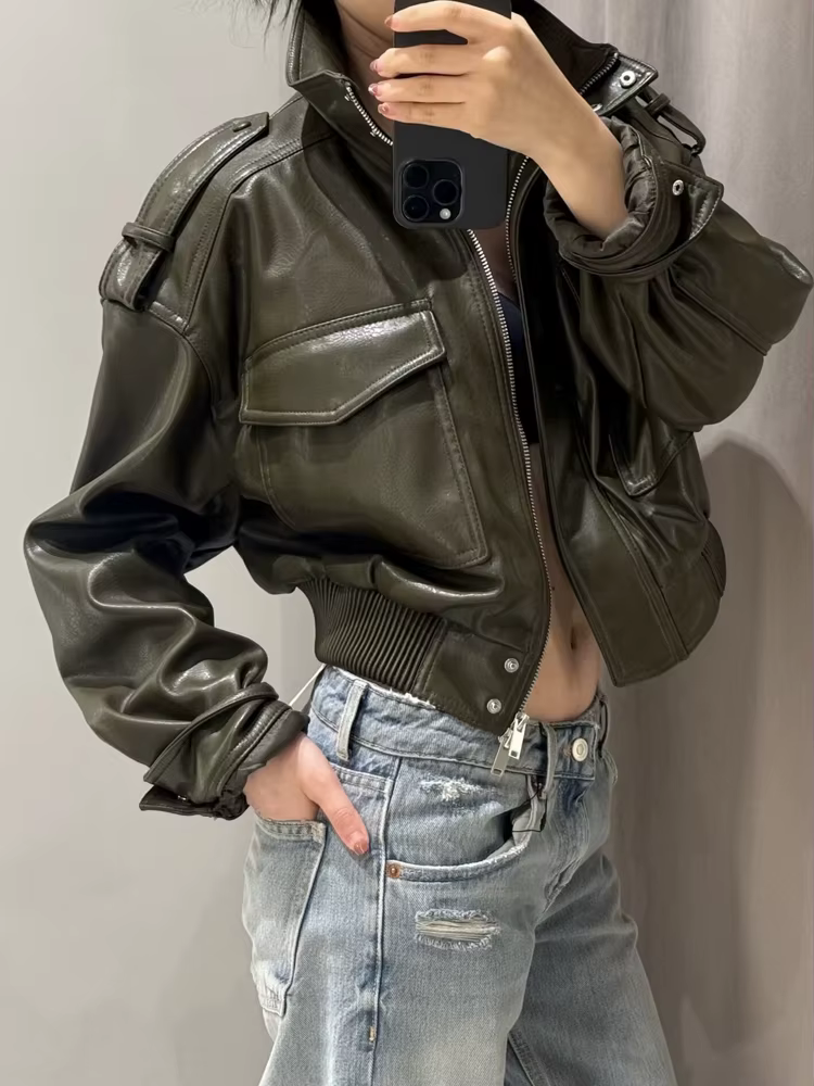 HH mode printemps femmes Faux cuir recadrée veste 2026 Vintage col rabattu fermeture éclair manches