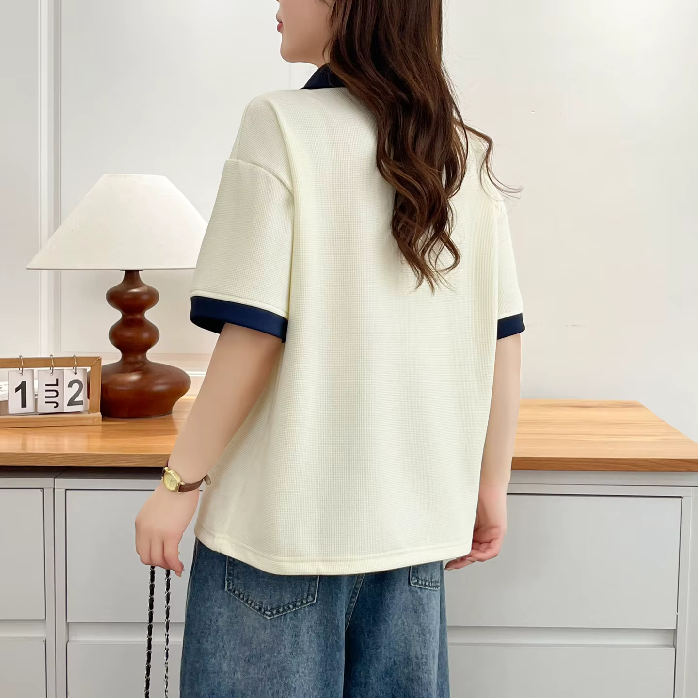 T-shirt décontracté à col polo et blocs de couleur pour femme grande taille, manches courtes, été 20
