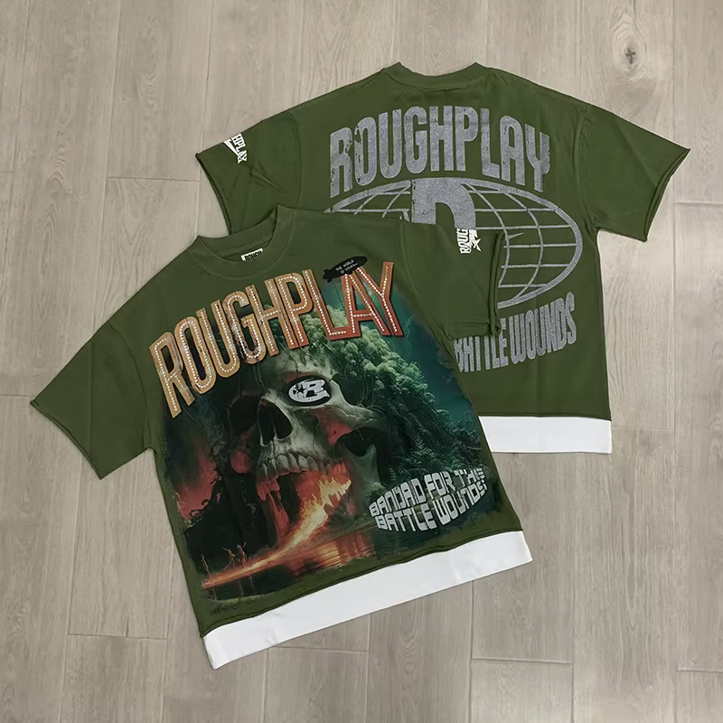 T-shirt à manches courtes imprimé crâne américain 26ss Rough Play, style hip-hop, ample, de haute qu