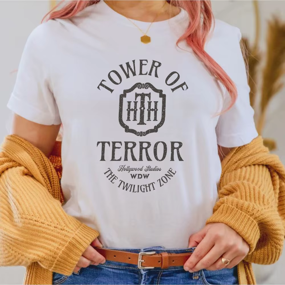 T-shirt manches courtes femme, vintage, rétro, décontracté, à la mode, tour de terreur, hôtel, studi