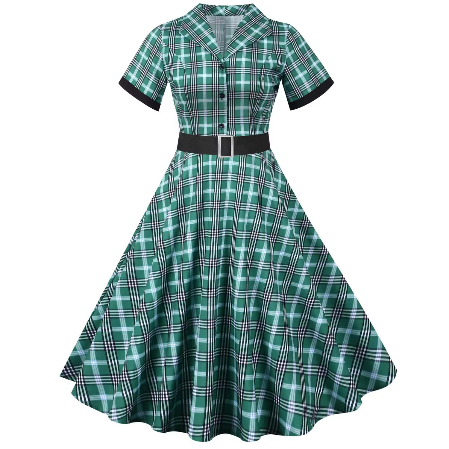 Robe rétro à carreaux, coupe cintrée, manches courtes, col Polo, avec ceinture, nouveau Style, robe