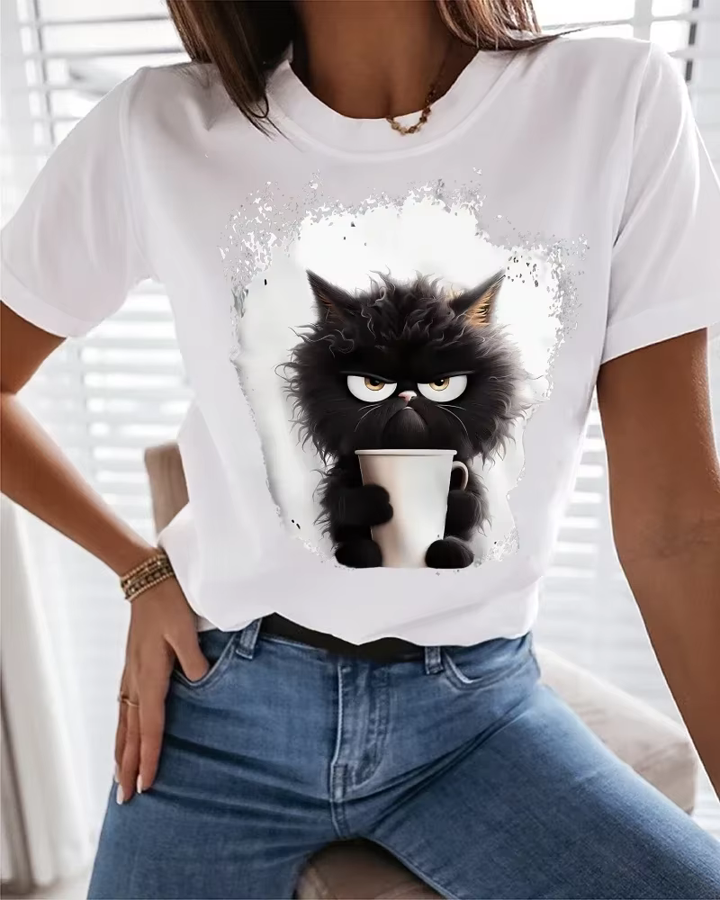 T-shirt femme t-shirt chat week-end quotidien noir imprimé manches courtes mode drôle col rond coupe