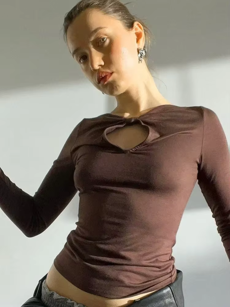 T-shirt évidé à manches longues pour femmes, haut court, vêtements Y2K, coupe couvertes, streetwear 