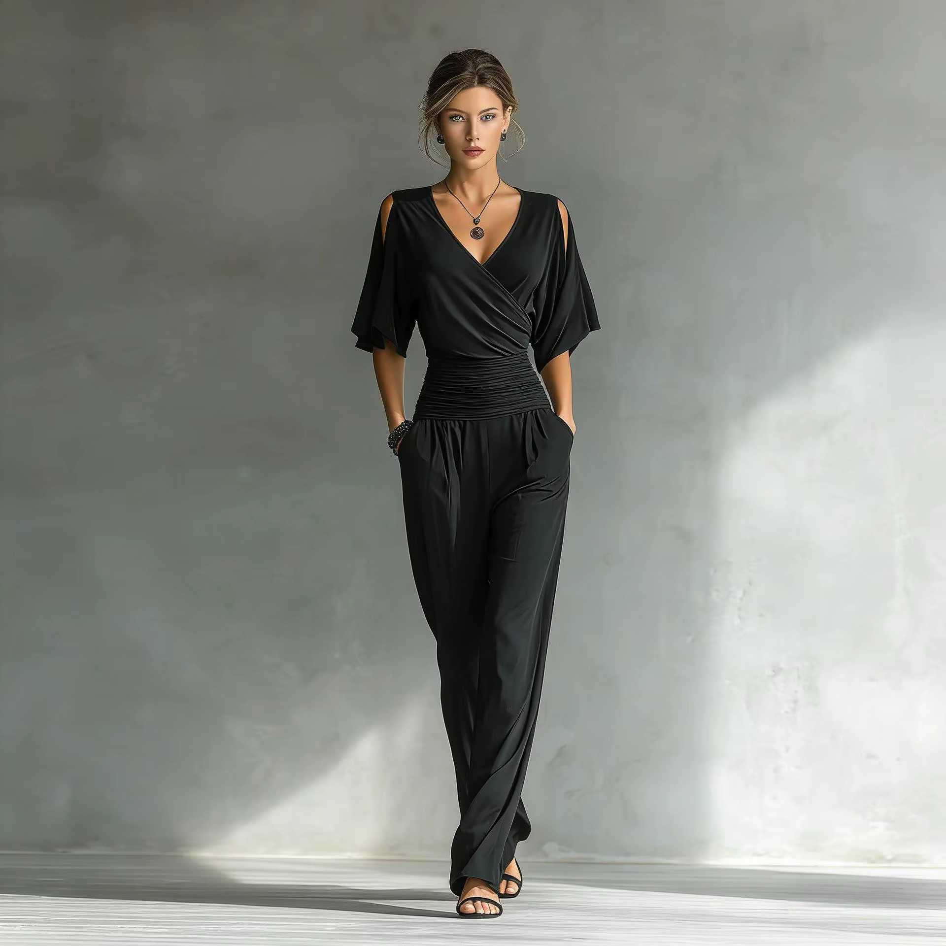 Combinaison Femme Col V Manches Courtes Taille Ample Coupe Ajustée Nouvelle Collection Été Tendance