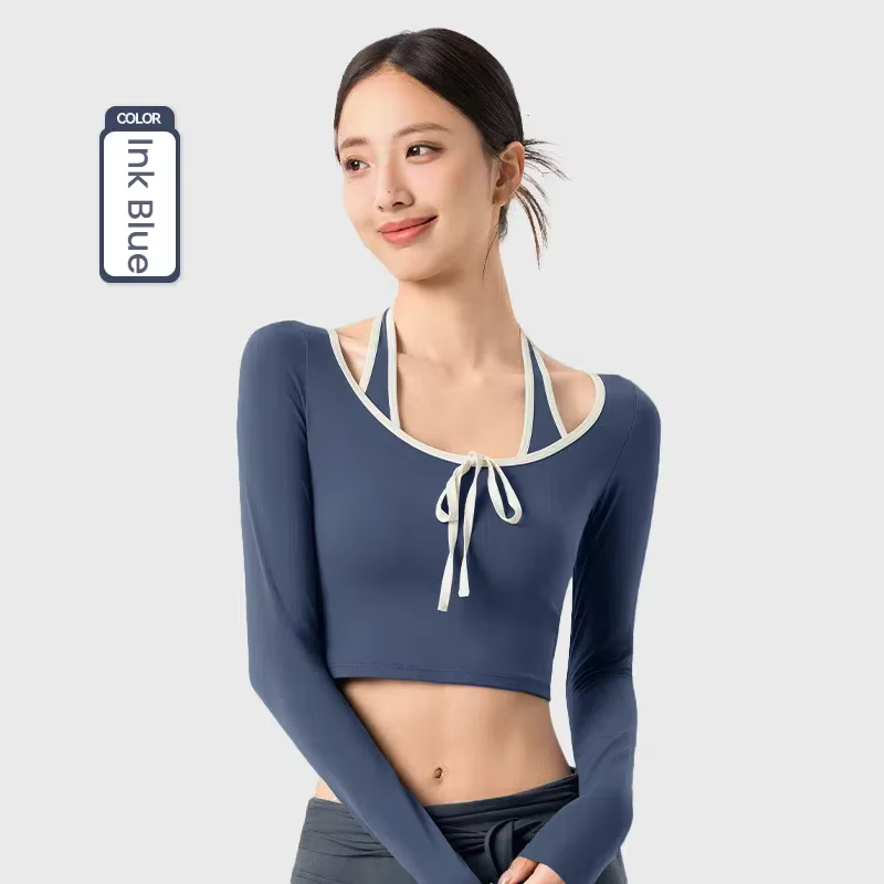 Hauts à manches longues pour femmes, t-shirt de Yoga, haut de sport court à coupe fixe avec garnitur