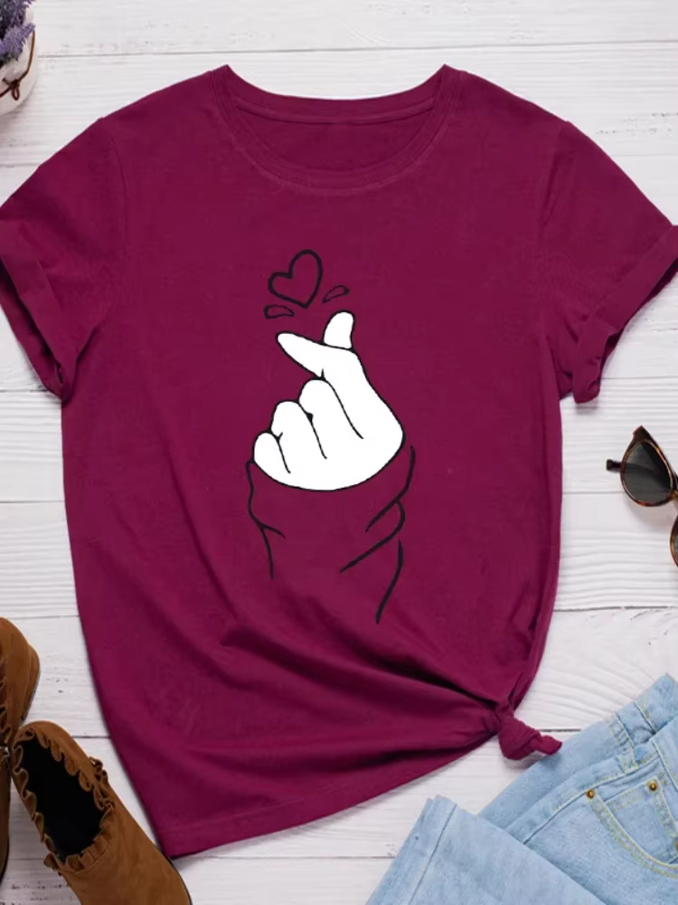 T-shirt manches courtes col rond femme, ample, à la mode, avec doigts et cœur imprimés