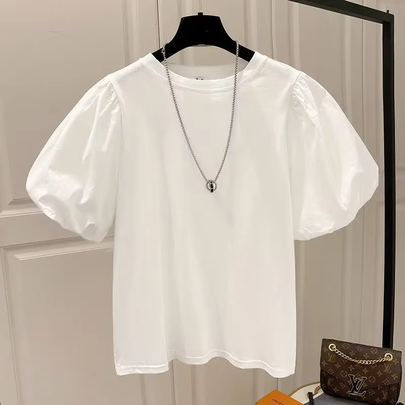 Mujer coton T-shirts pour femmes T-shirts d'été manches bouffantes col rond T-shirts hauts surdimens