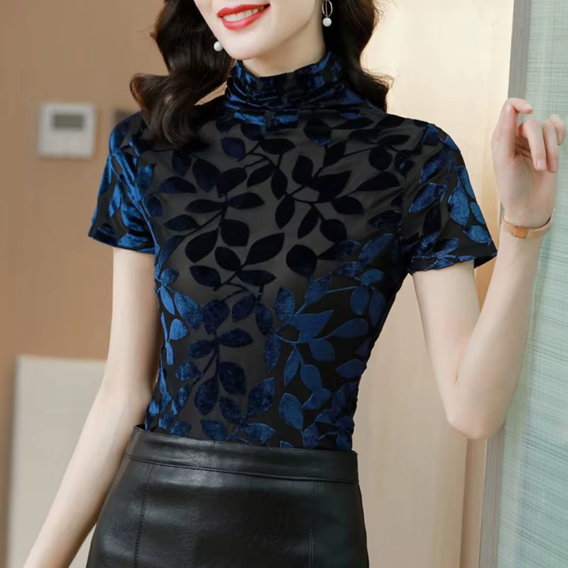 T-shirt à col roulé et manches courtes pour femme, haut élastique en velours, Slim et décontracté, à
