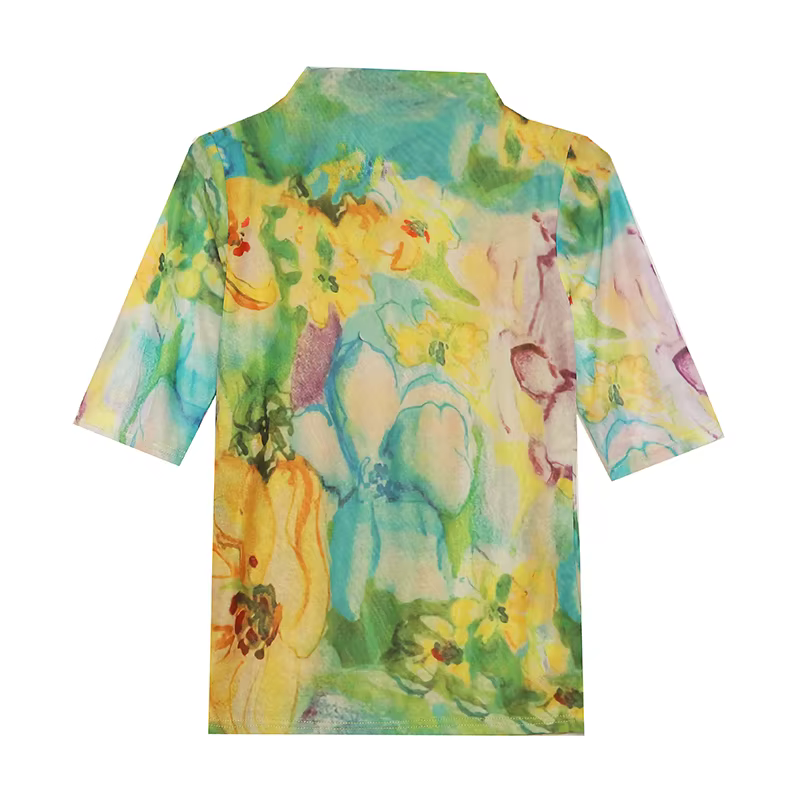 T-shirt à manches mi-longues pour femme, haut en maille simple, gaine imprimée, haute élasticité, t-