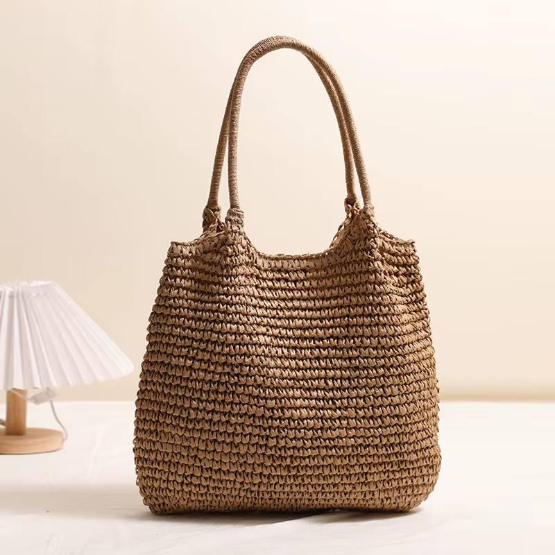 Sac fourre-tout en paille tressé couleur unie, grand sac de plage décontracté carré, sac à bandouliè