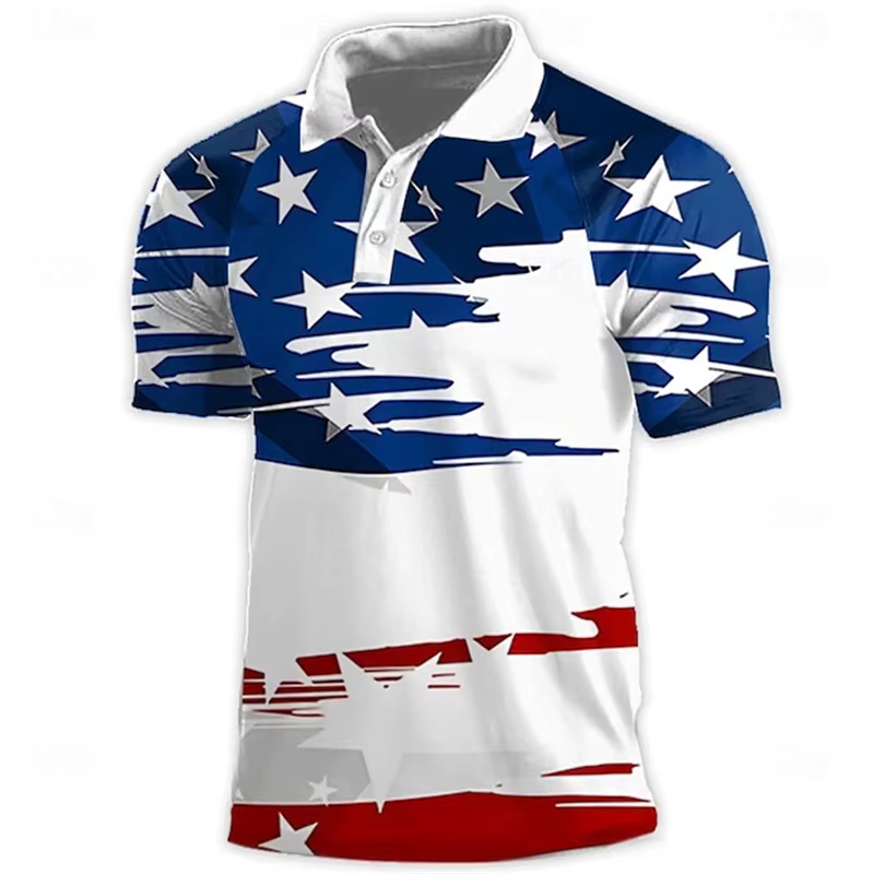 T-shirt imprimé drapeau américain pour hommes, polo décontracté à col imprimé numérique 3D, chemises