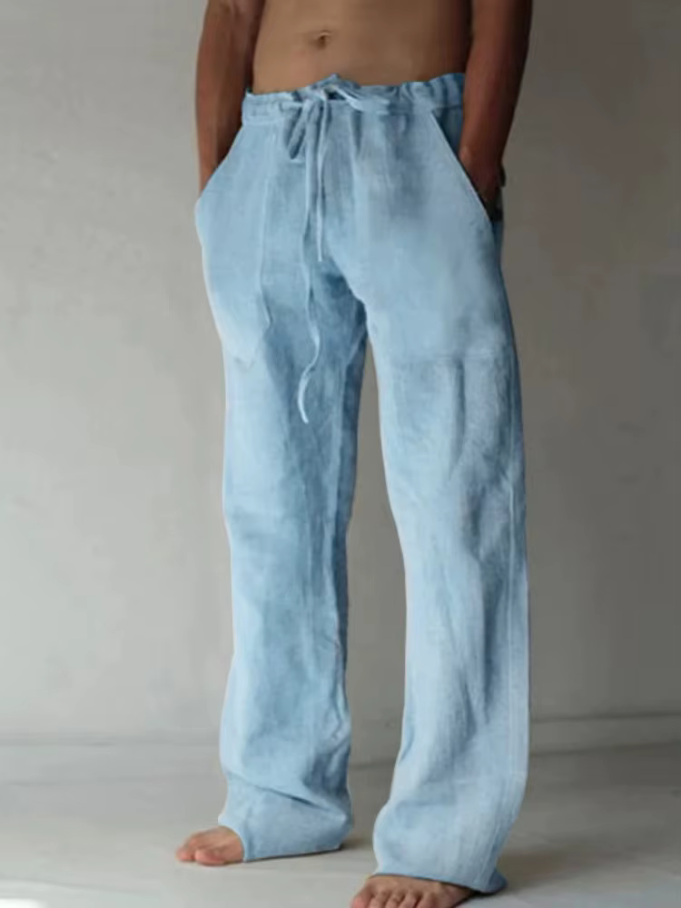 Pantalon Long en coton et lin pour hommes, couleur unie, respirant, décontracté, taille élastique, H
