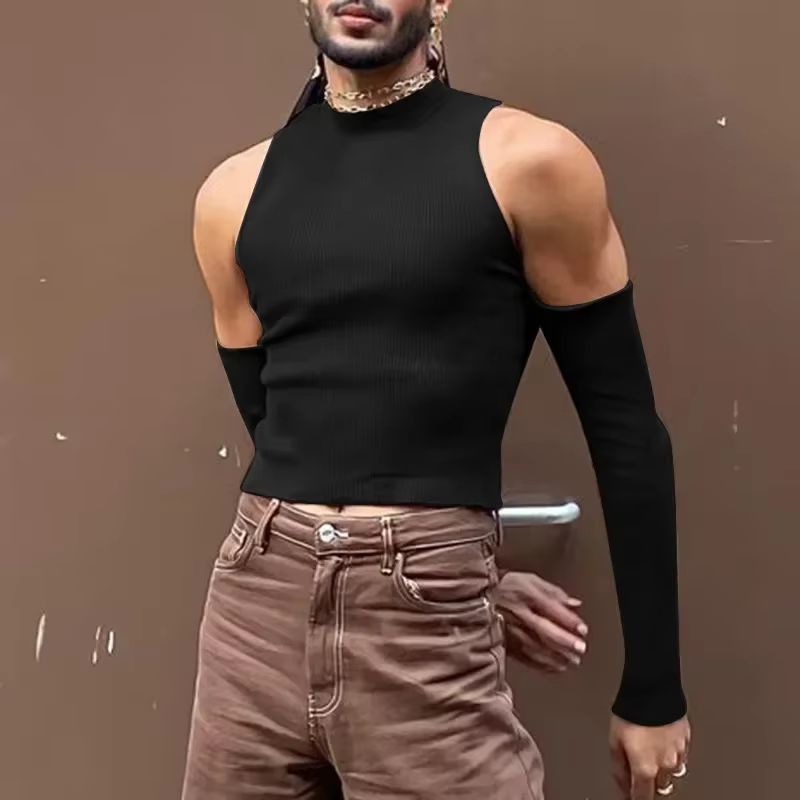 T-shirt col roulé pour hommes, couleur unie, manches longues, épaules dénudées, décontracté, ajouré,