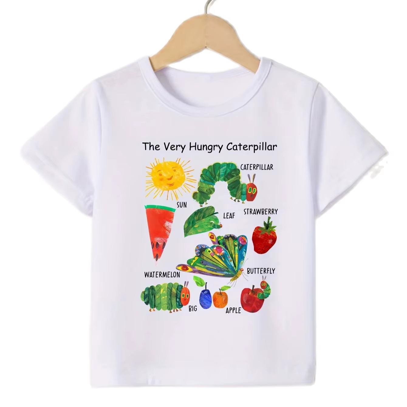 T-shirt à manches courtes imprimé dessin animé Caterpillar très affamé, style décontracté et innocen
