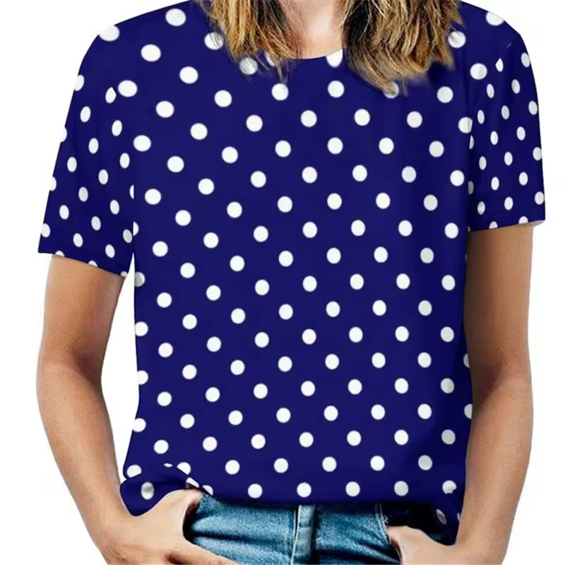 T-shirt à manches courtes et col rond pour femmes, vintage, impression de points 3D, mode rétro, t-s