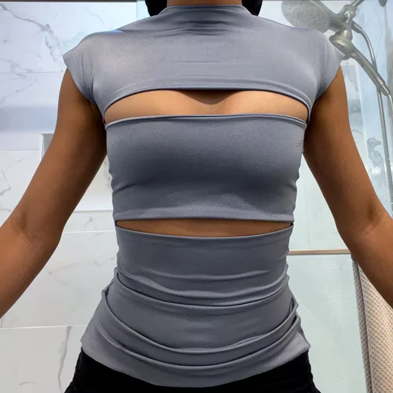 Sexy Wrap poitrine évider col roulé mince t-shirt femmes manches courtes chemise à bascule dames t-s
