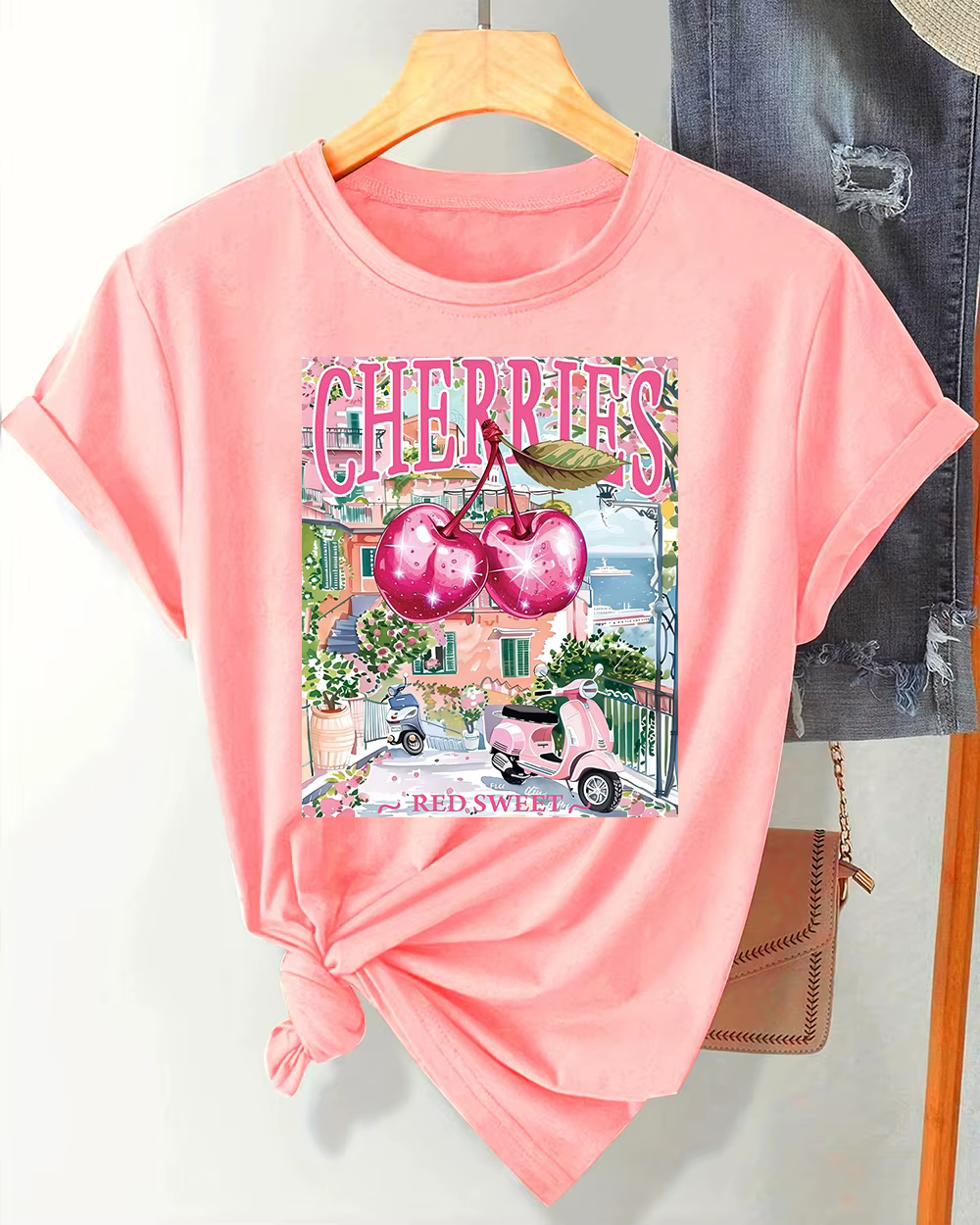Cerises rouge doux Design rétro femmes T-Shirts été tout-Match à manches courtes confortable haut mi