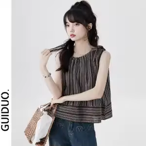 Tops en lin rayé français pour femmes, été, sans manches, amples, élégants, décontractés, camisole