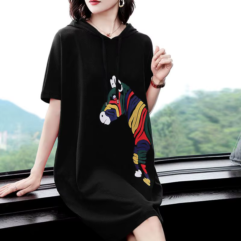 Robe à capuche pour femmes, T-shirt mi-long décontracté, jupe ample, Style paresseux, nouvelle colle