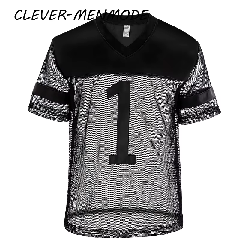 T-shirt sexy en similicuir à manches courtes pour homme, respirant, col en V, maillot de basket, vêt