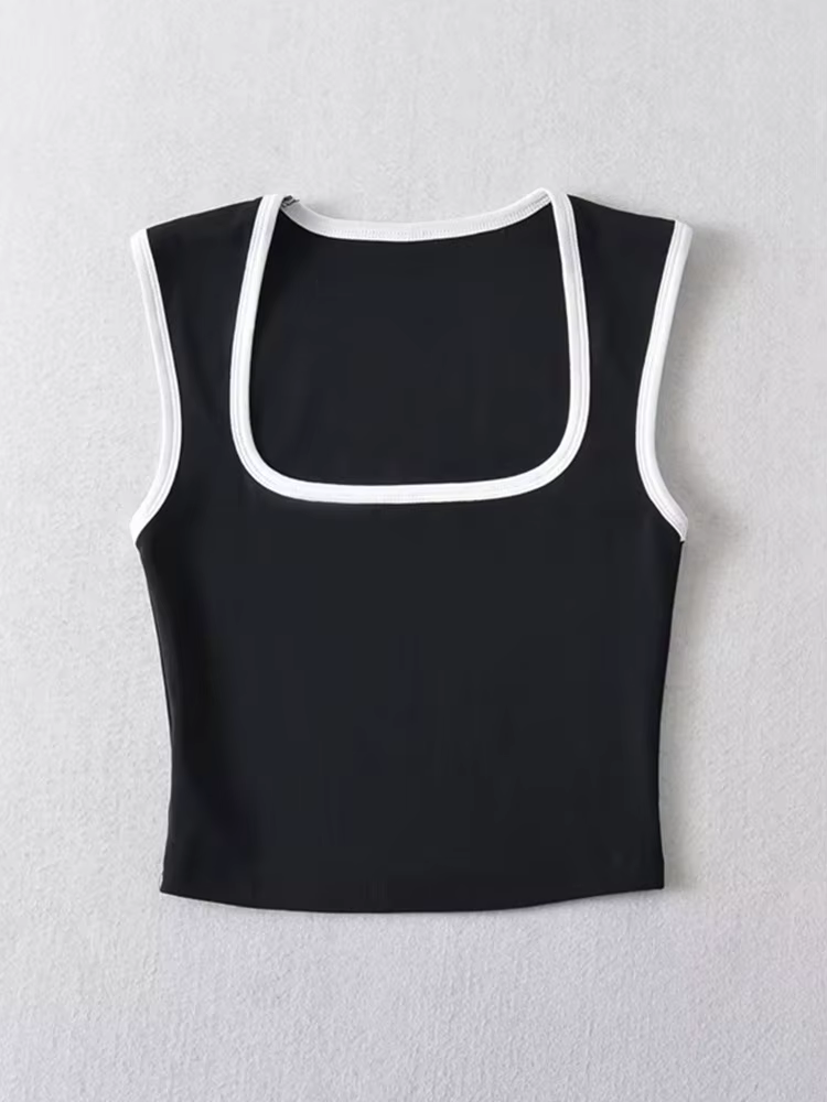 Débardeur sans manches pour femme, Slim, couleur contrastée, décontracté, col carré, haut court, vêt