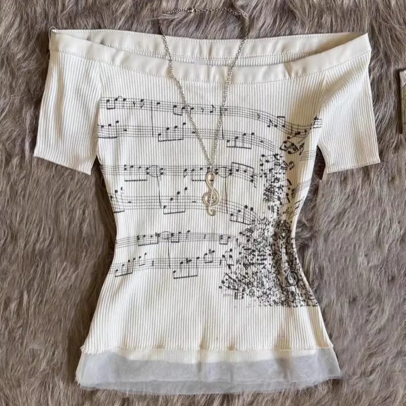 Coréen 2000s Punk Goth filles graphique hauts épaules nues Sexy dentelle coton t-shirts mignon motif