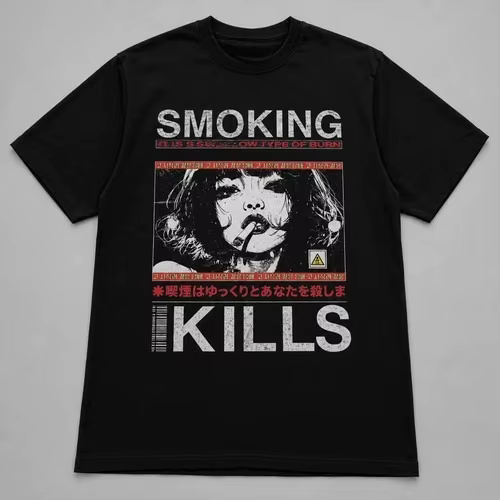 T-shirt graphique style manga rétro « Smoking Kills », toutes tailles S-4XL, en coton, haut de gamme