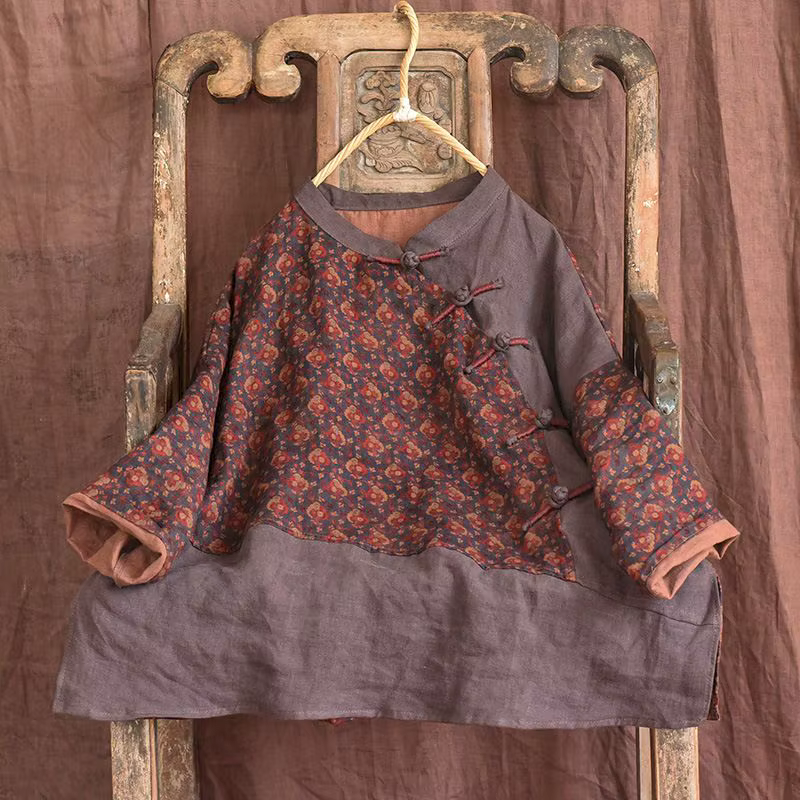 Coton lin t-shirts femmes mode imprimé contrasté à lacets chemise artistique irrégulière Vintage sur
