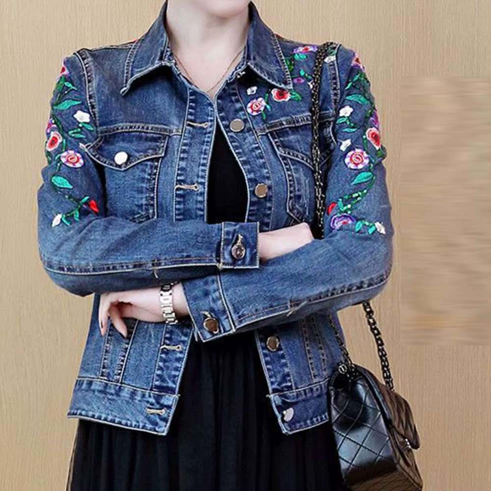 Veste en jean brodée femme courte 2025 printemps et automne nouvelle veste en jean mince élastique p