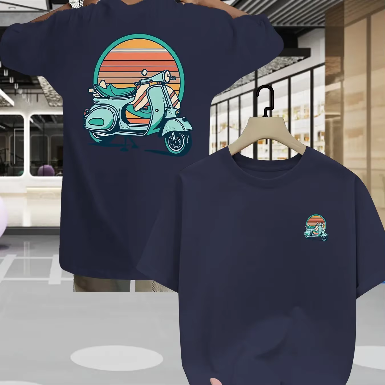 T-shirt pour homme à motif scooter rétro, 100% coton, imprimé coucher de soleil rétro, style décontr
