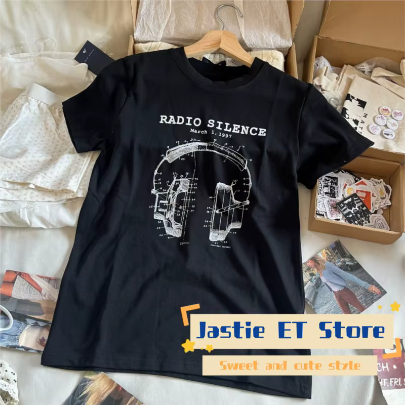 T-shirt à manches courtes et col rond pour femmes, noir, lettre imprimée, écouteur, Harajuku Streetw