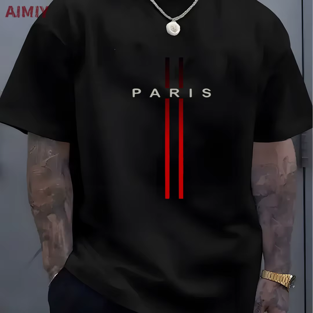 T-shirt à Manches Courtes et Col Rond pour Homme, Haut Décontracté, Imprimé de Lettres PARI, Été