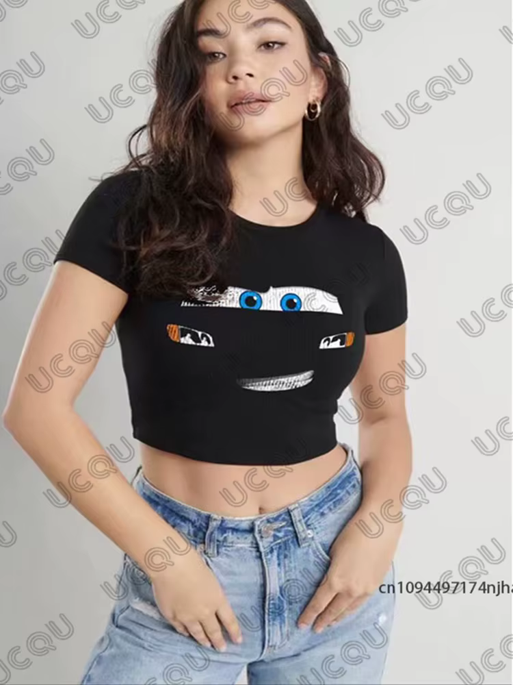 Été nouveau Lightning Mcqueen imprimé T-shirt pour femmes corée Sle à manches courtes haut court Str