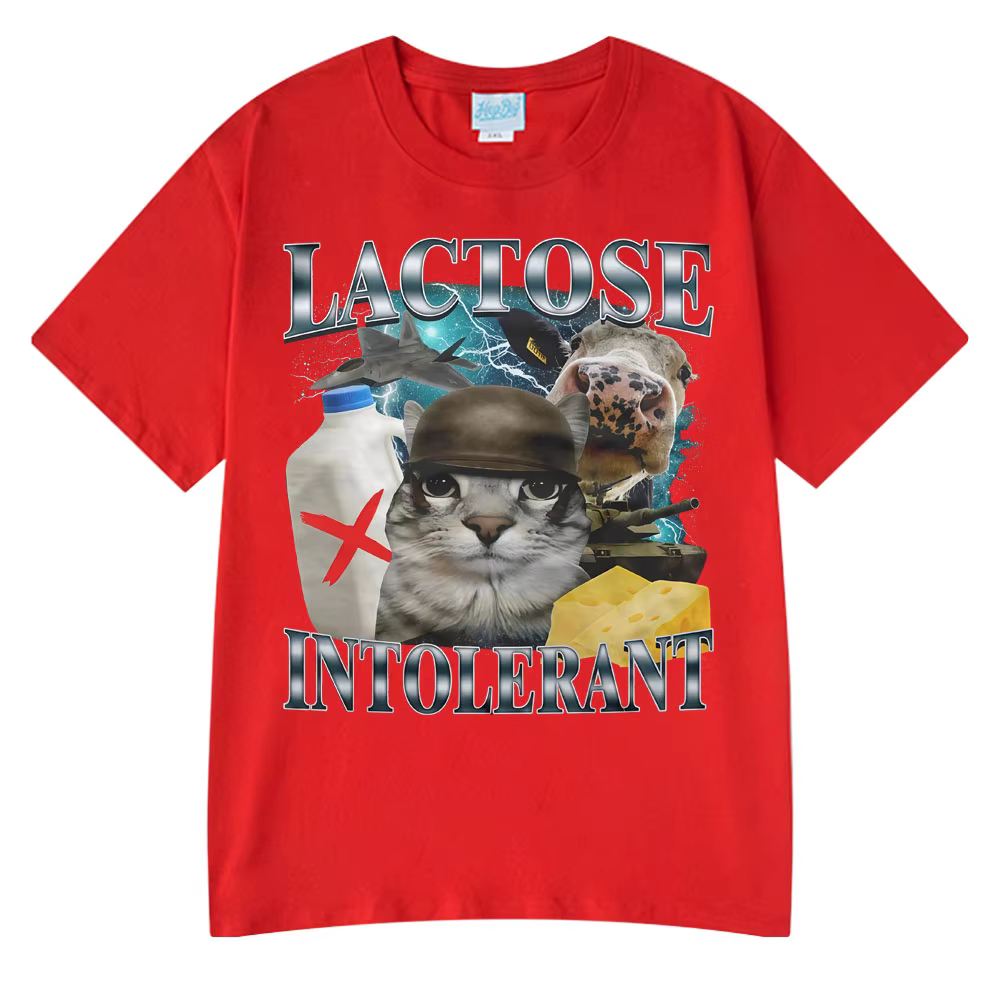 2025 été offre spéciale porte Lactose intolerant drôle chat Meme T-shirts mode t-shirt Hip Hop Coupl