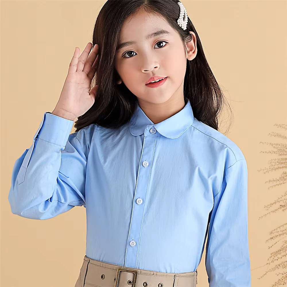 Chemises blanches pour enfants filles, uniforme d'étudiants, chemisier en coton à manches longues, v