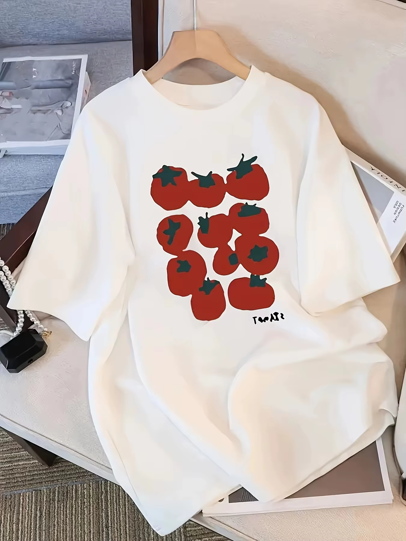 T-shirt mignon à imprimé tomate pour femme, manches courtes, motif fruit naturel, haut tendance déco