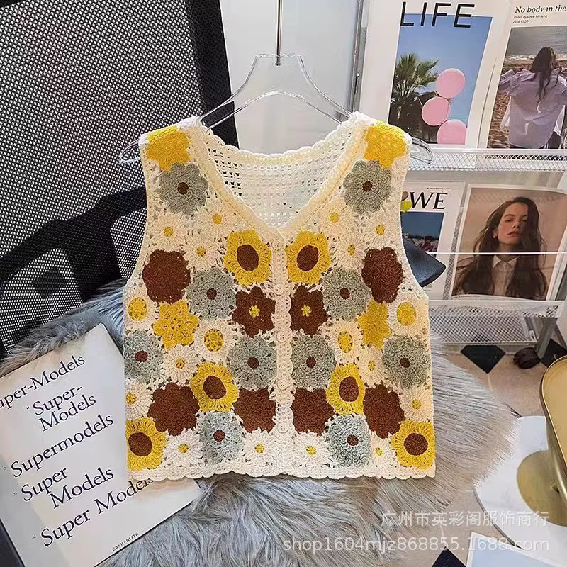 Haut en crochet Granny Square pour femme, chemisier ajouré transparent, sans manches, boutonné, cour