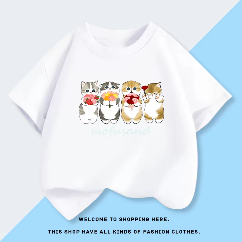 T-shirt à manches courtes confortable en coton avec imprimé de dessin animé de chat Mofusand, nouvel