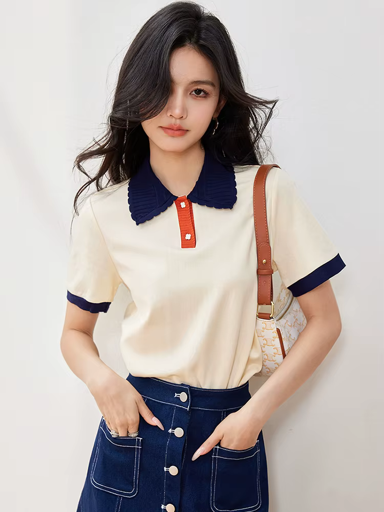 T-shirt slim à revers pour femmes, haut décontracté, mode coréenne, été, 2024