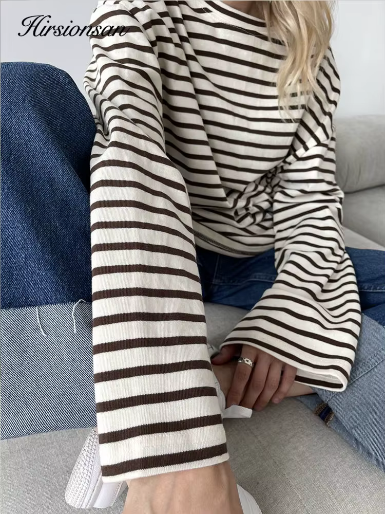 Hirsionsan – t-shirt rayé à manches longues pour femmes, 2023 coton, surdimensionné, décontracté, Ch