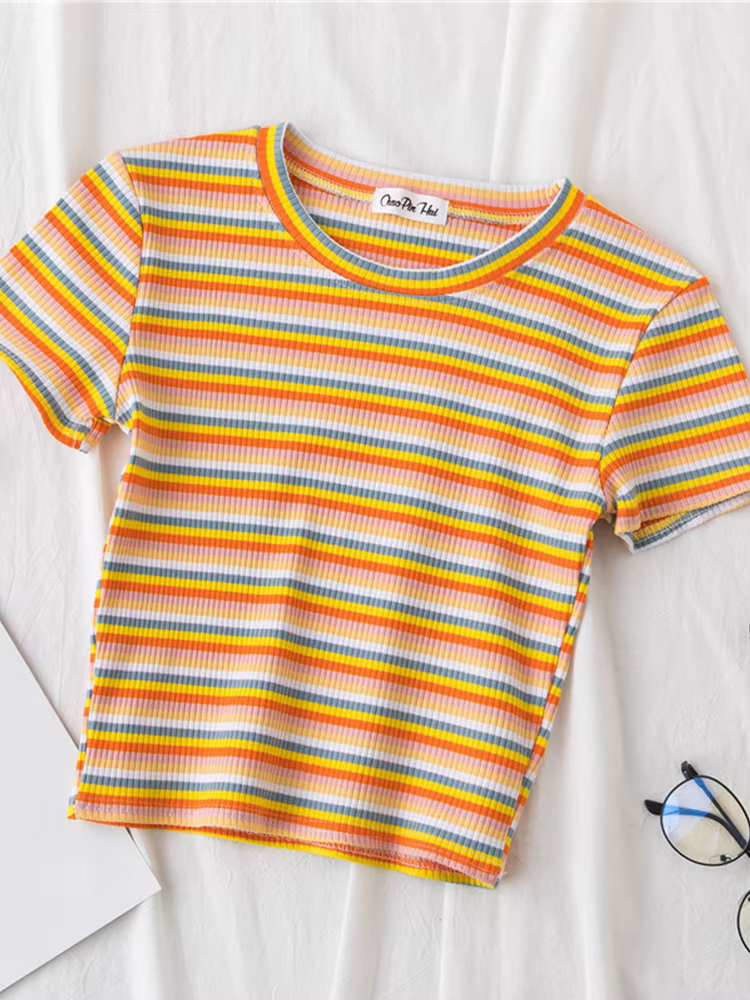 T-shirt rayé arc-en-ciel pour femme, manches courtes, vêtements féminins coréens, t-shirt Harajuku,