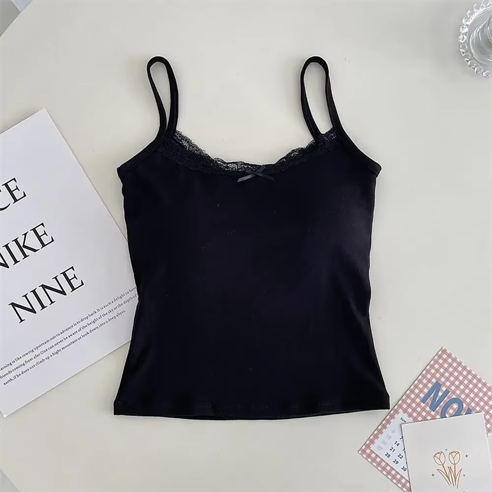 Camisole courte à bretelles en coton avec nœud simple, bordure en dentelle, glaçure, aspect innocent