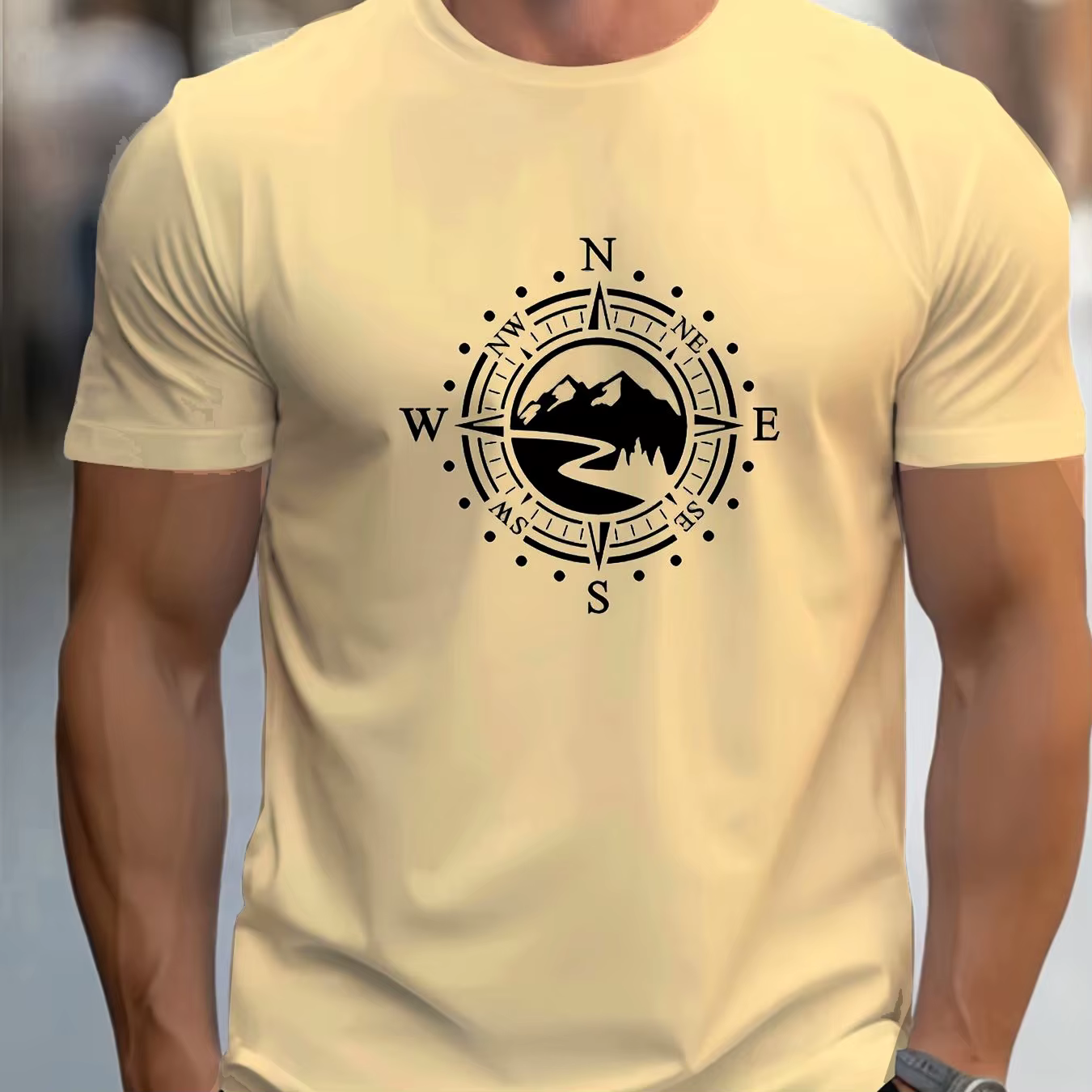 T-shirt manches courtes col rond homme, 100_ coton, décontracté, ample, grand motif de boussole impr