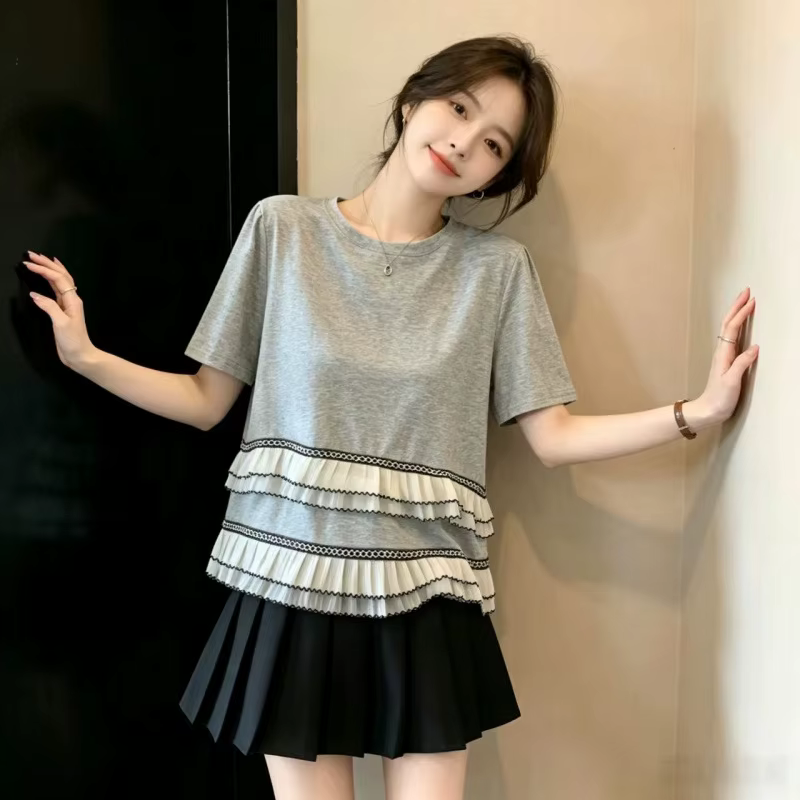 T-shirt à manches courtes et col rond pour femme grande taille, noir, style amincissant avec empièce
