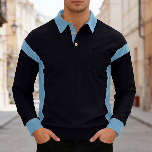 Nouveauté 2025 – Polos Homme Colorblock Tendance à Col Revers et Manches Longues avec Boutons pour T