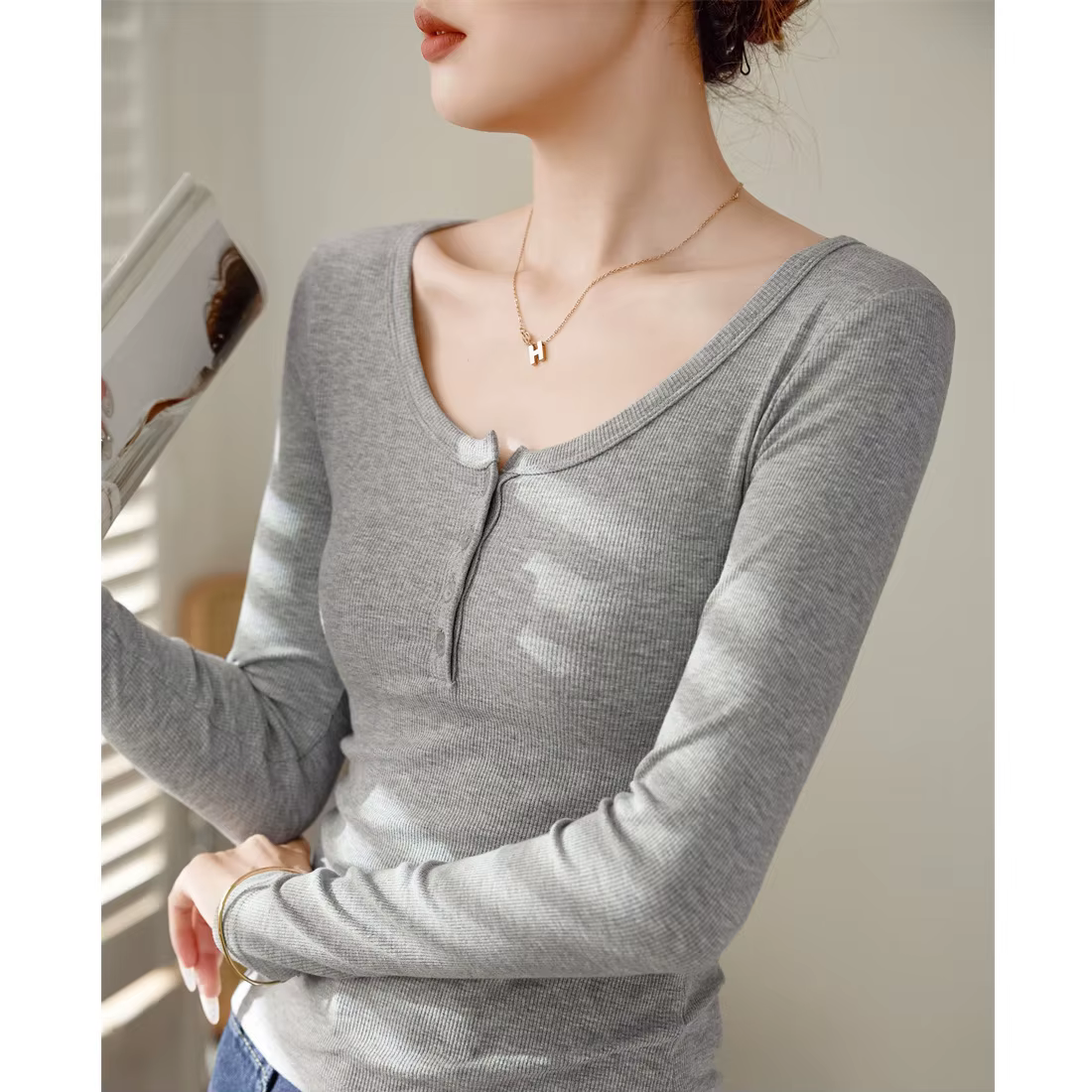 T-shirt à boutons en coton fileté à haute élasticité pour femmes, nouvelle chemise à manches longues